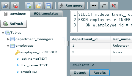 A screenshot of the Run! AIR SQLite query testing tool, showing the tree view of the tables in the open database as well as a query and its results.